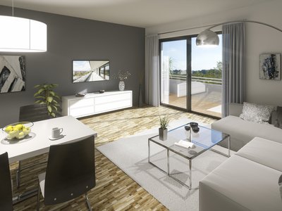 Innenaufnahme einer Musterwohnung mit Esstisch und Dekoration