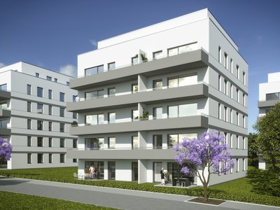 Visualisierung der Wohnanlage mit grüner Umgebung und blühenden Bäumen – Tageslicht