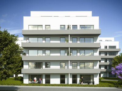 Weitere Visualisierung der Wohnanlage von schräg links mit Balkonen und Bäumen