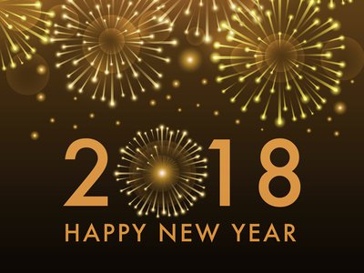 Neujahrsgrafik mit goldenen Feuerwerkskörpern und Schriftzug: 2018 Happy New Year