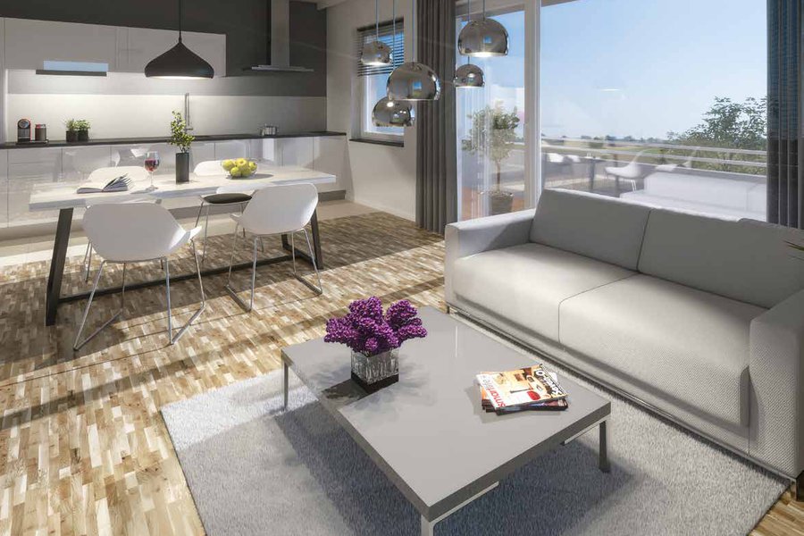 Innenansicht einer hellen Wohnung mit großen Fenstern