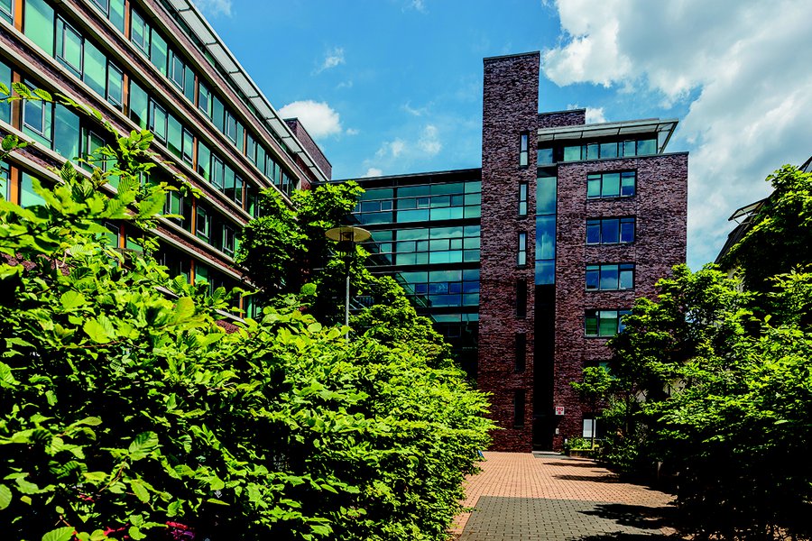 Innenhofansicht mit Glasfassade und Bäumen im Vordergrund